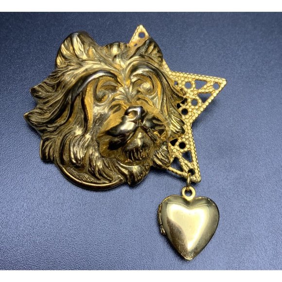 Vintage Jewelry Gold Tone Dog Locket Brooch Pin Heart Star Yorkie